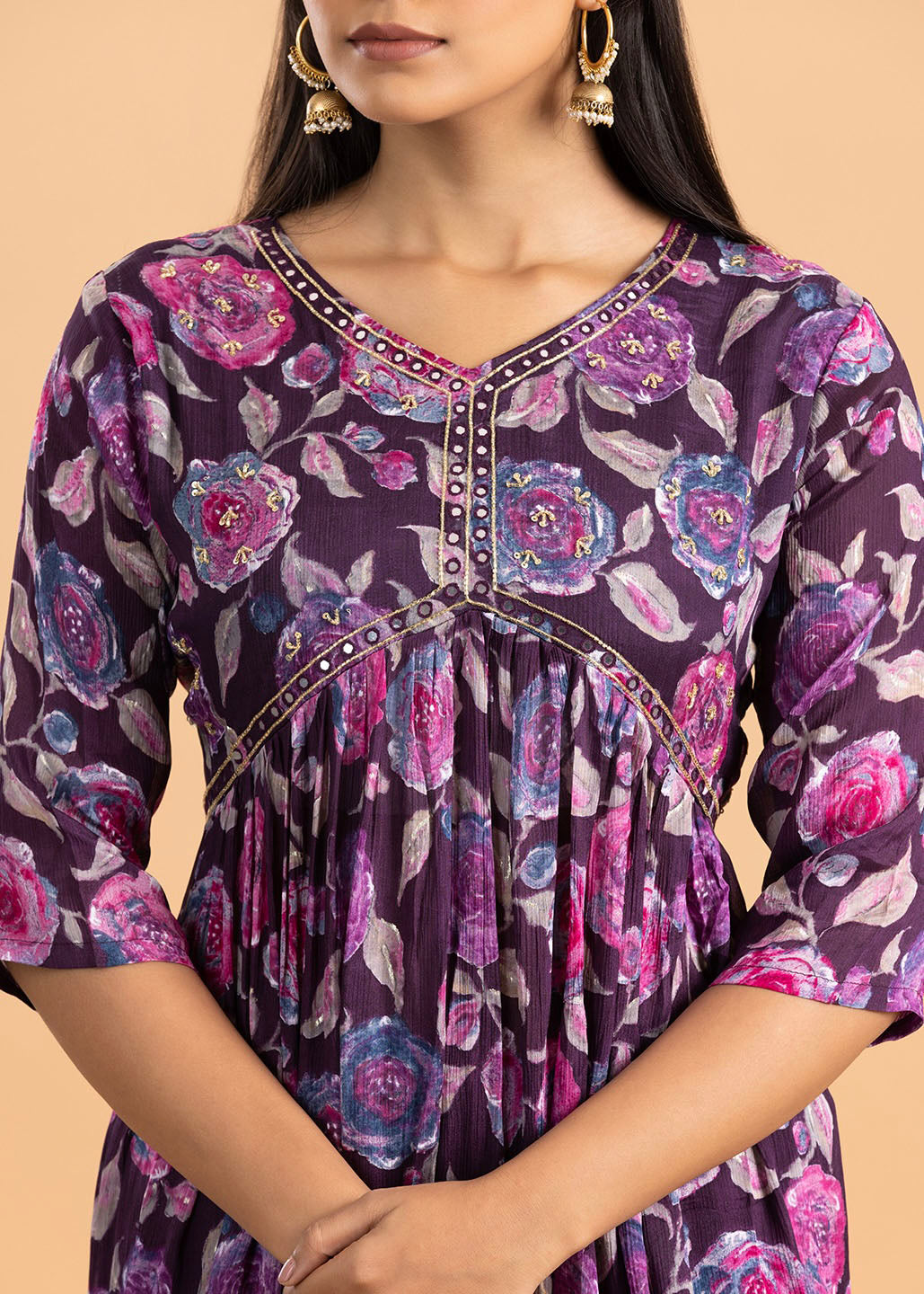 Purple Printed Chinon Kurta with Pant and Dupatta