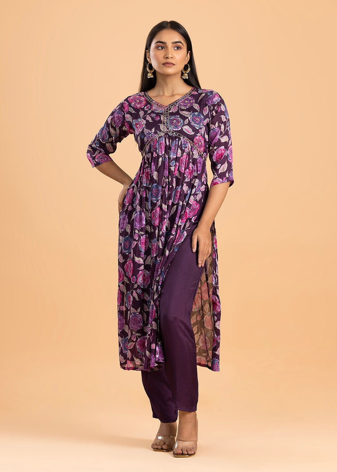 Purple Printed Chinon Kurta with Pant and Dupatta