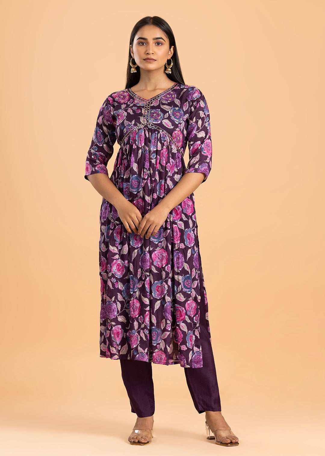 Purple Printed Chinon Kurta with Pant and Dupatta