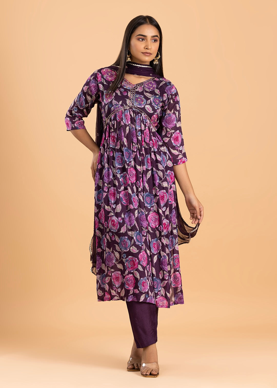 Purple Printed Chinon Kurta with Pant and Dupatta