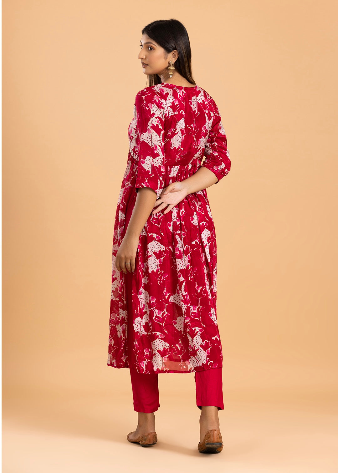 Red Printed Chinon Kurta with Pant and Dupatta