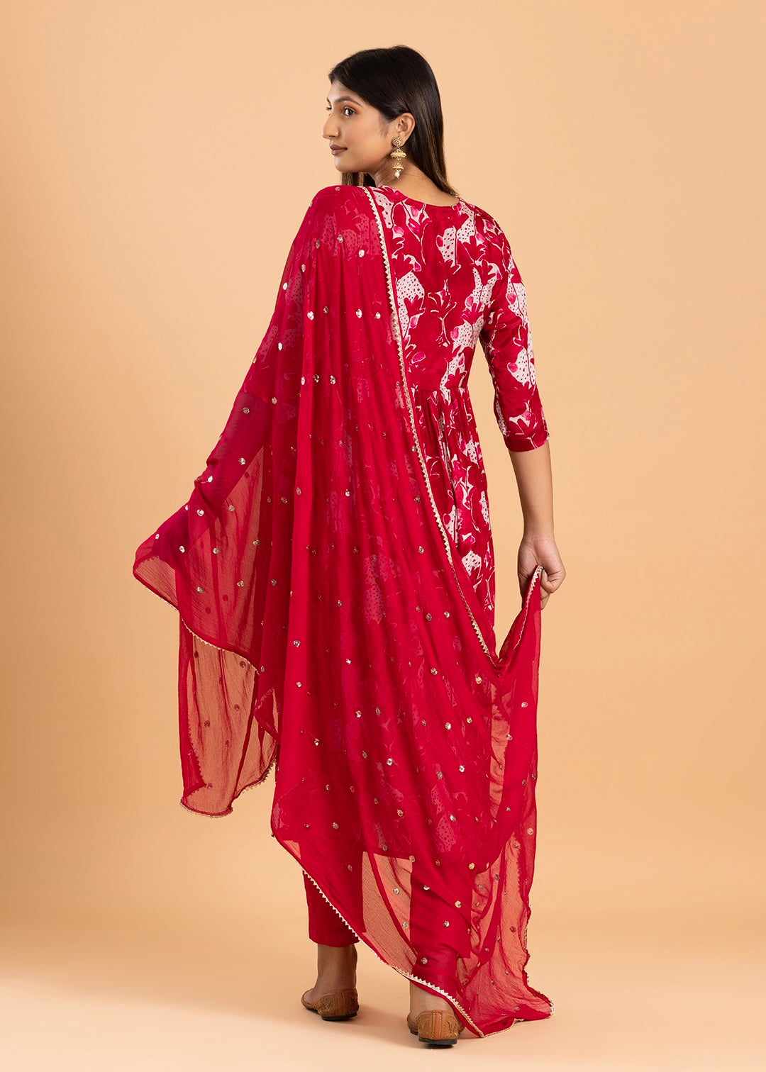 Red Printed Chinon Kurta with Pant and Dupatta