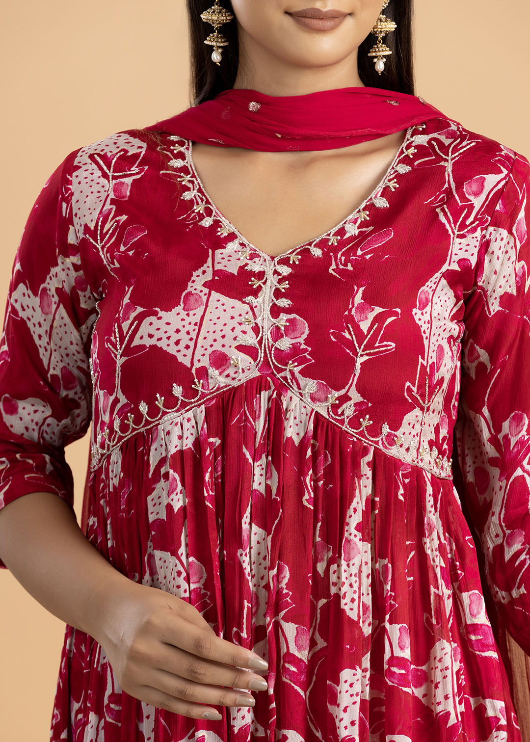 Red Printed Chinon Kurta with Pant and Dupatta