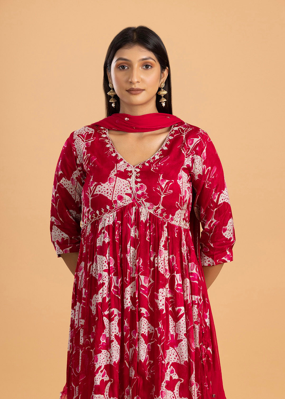 Red Printed Chinon Kurta with Pant and Dupatta