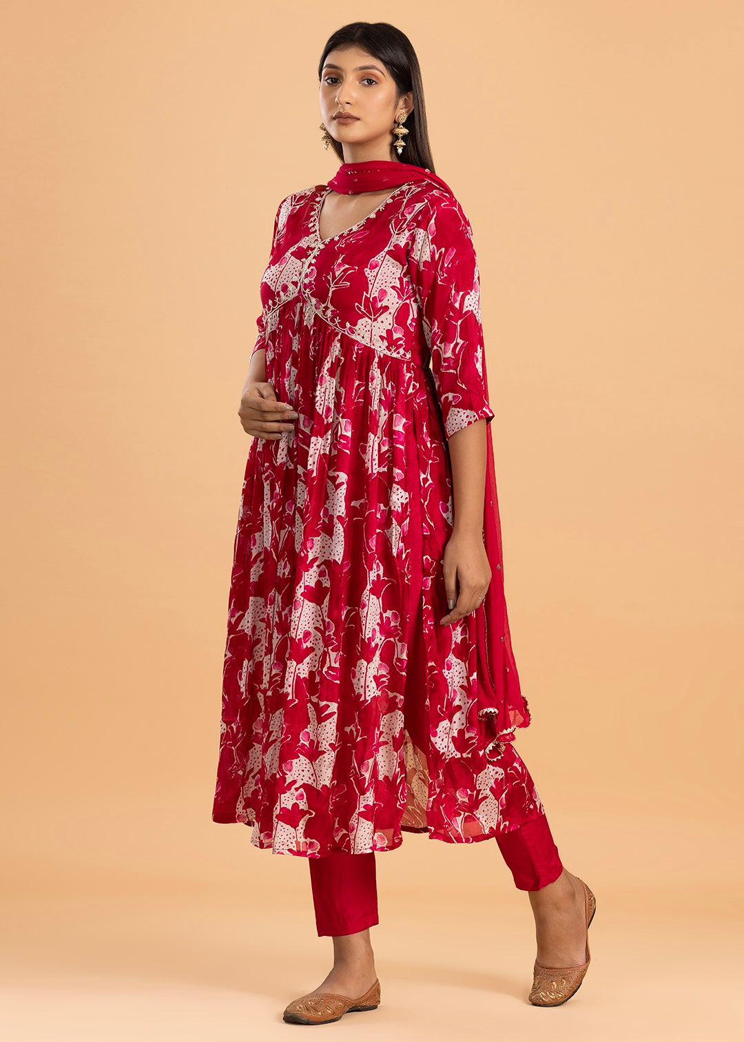 Red Printed Chinon Kurta with Pant and Dupatta