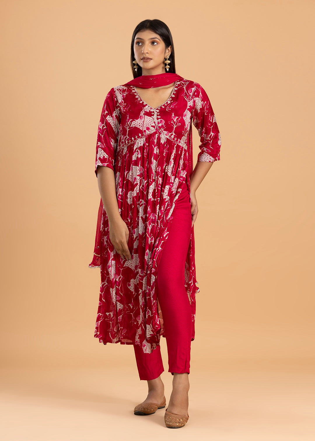 Red Printed Chinon Kurta with Pant and Dupatta