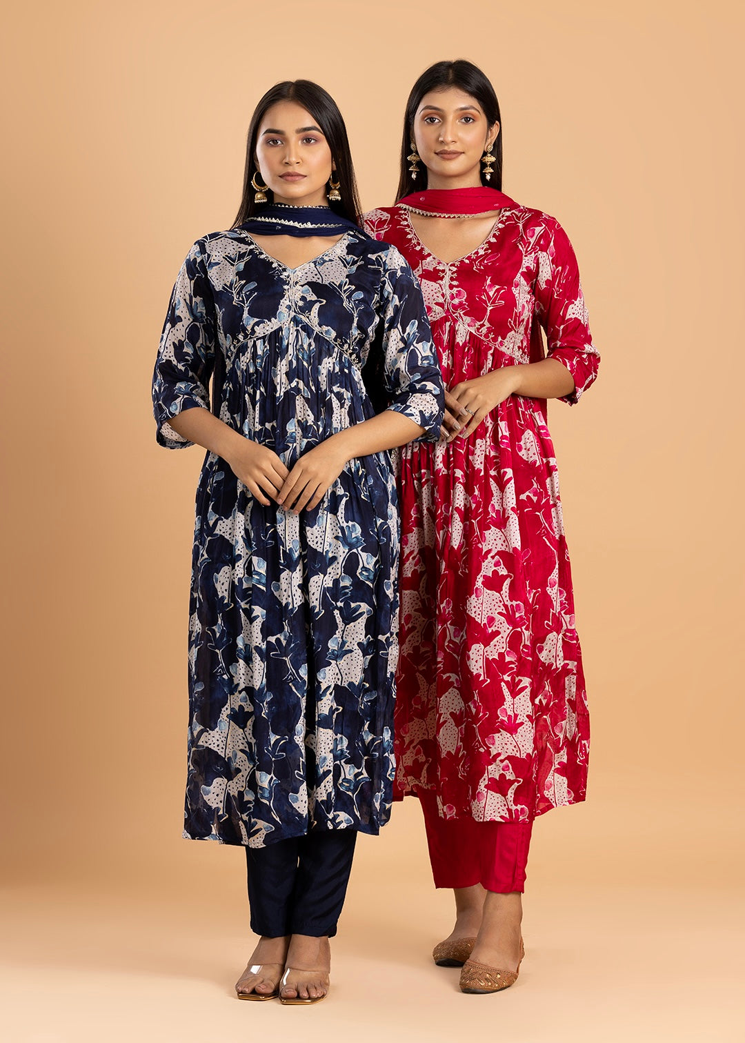 Navy Blue Printed Chinon Kurta with Pant and Dupatta