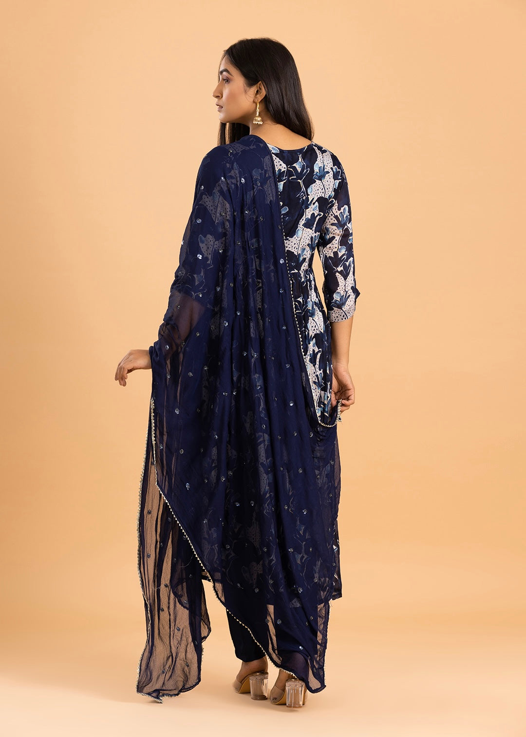 Navy Blue Printed Chinon Kurta with Pant and Dupatta