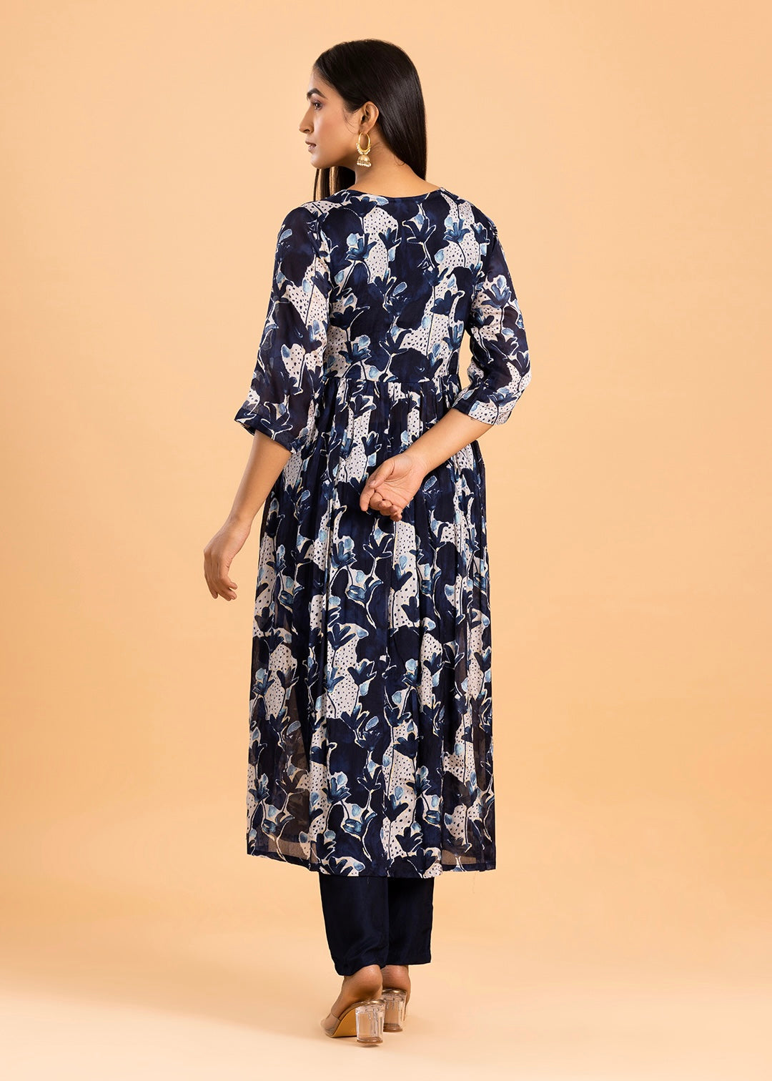 Navy Blue Printed Chinon Kurta with Pant and Dupatta