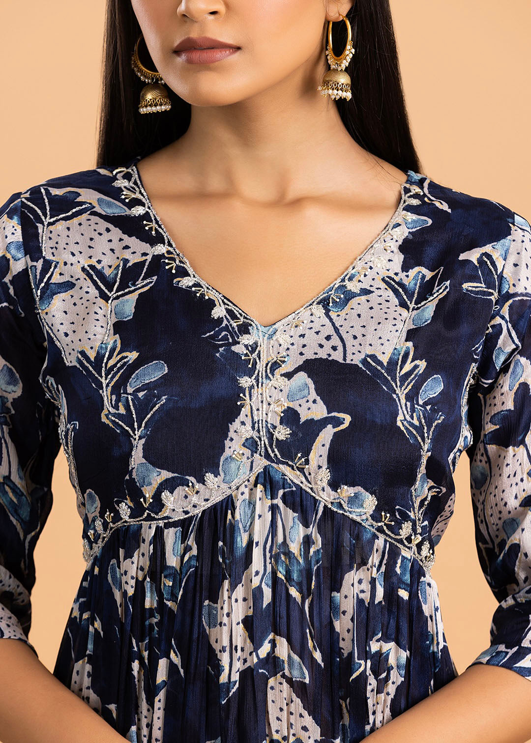 Navy Blue Printed Chinon Kurta with Pant and Dupatta