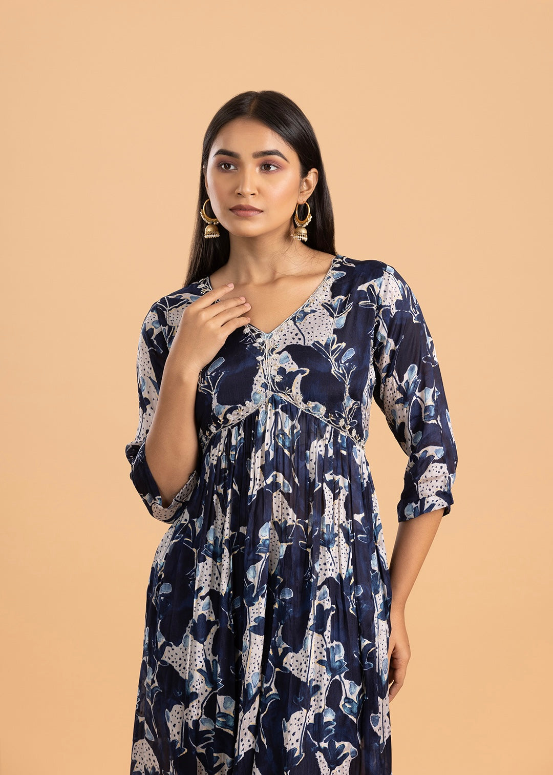 Navy Blue Printed Chinon Kurta with Pant and Dupatta