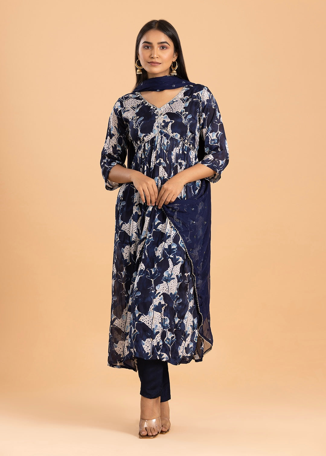 Navy Blue Printed Chinon Kurta with Pant and Dupatta