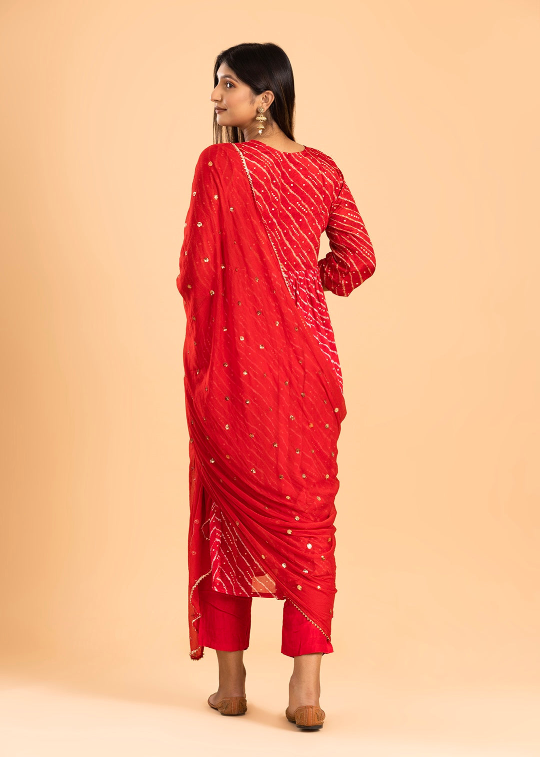 Red Printed Chinon Suit with Pant and Dupatta