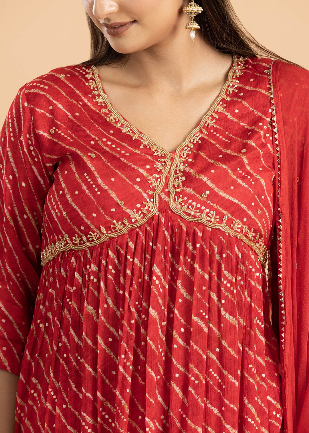 Red Printed Chinon Suit with Pant and Dupatta