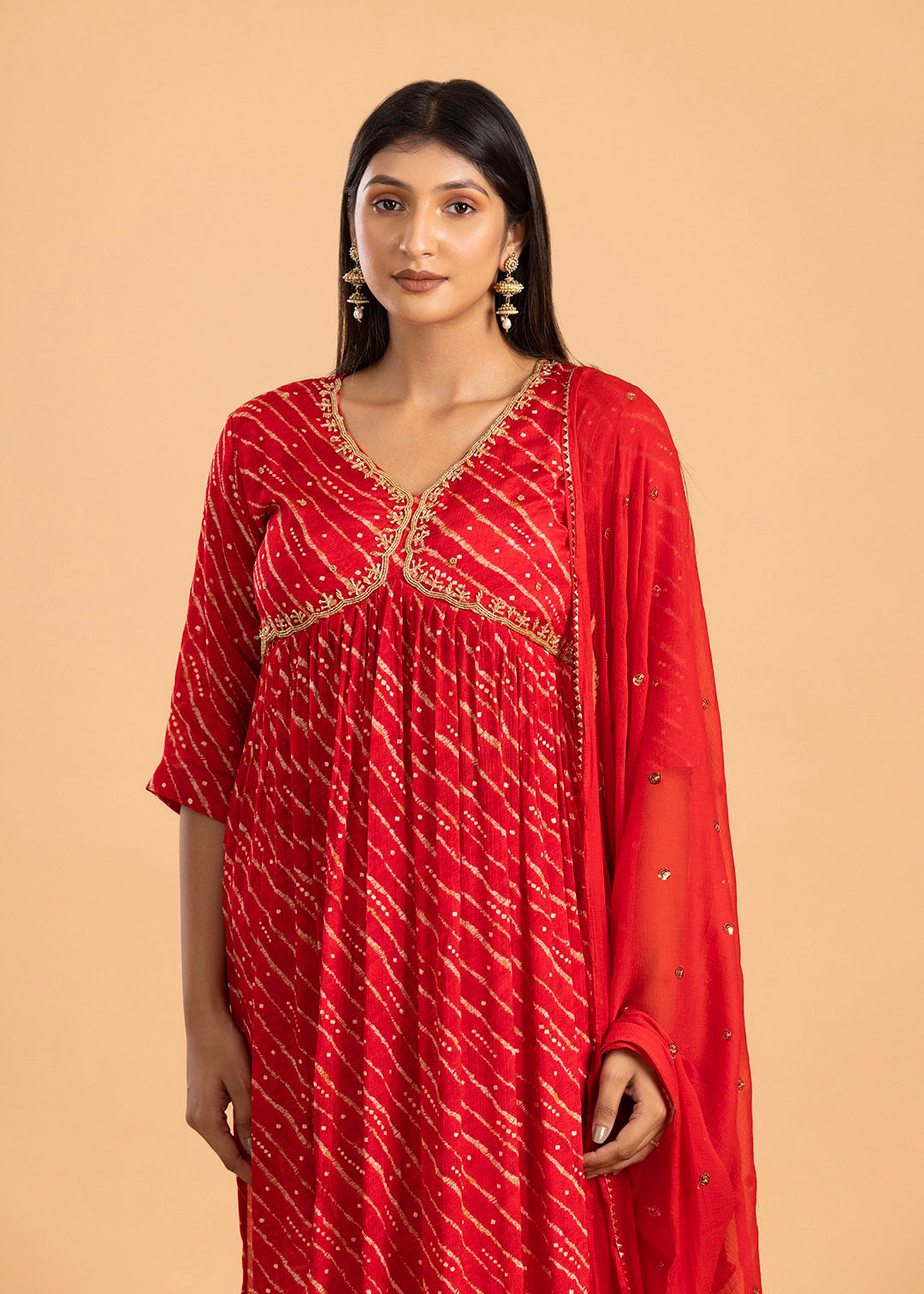 Red Printed Chinon Suit with Pant and Dupatta