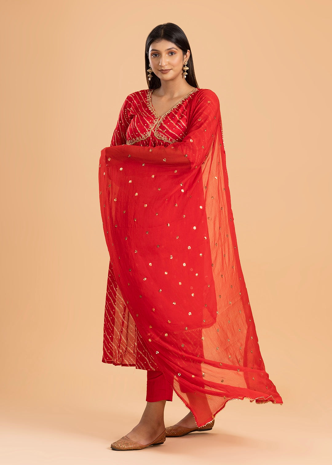 Red Printed Chinon Suit with Pant and Dupatta