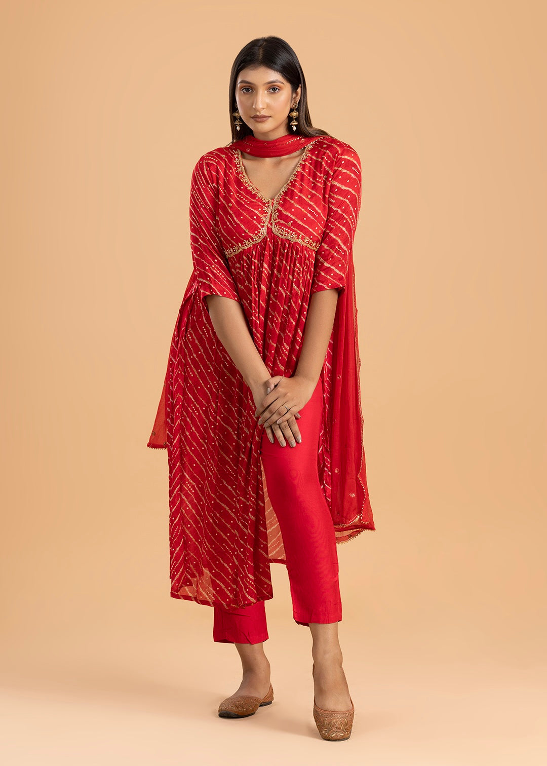 Red Printed Chinon Suit with Pant and Dupatta