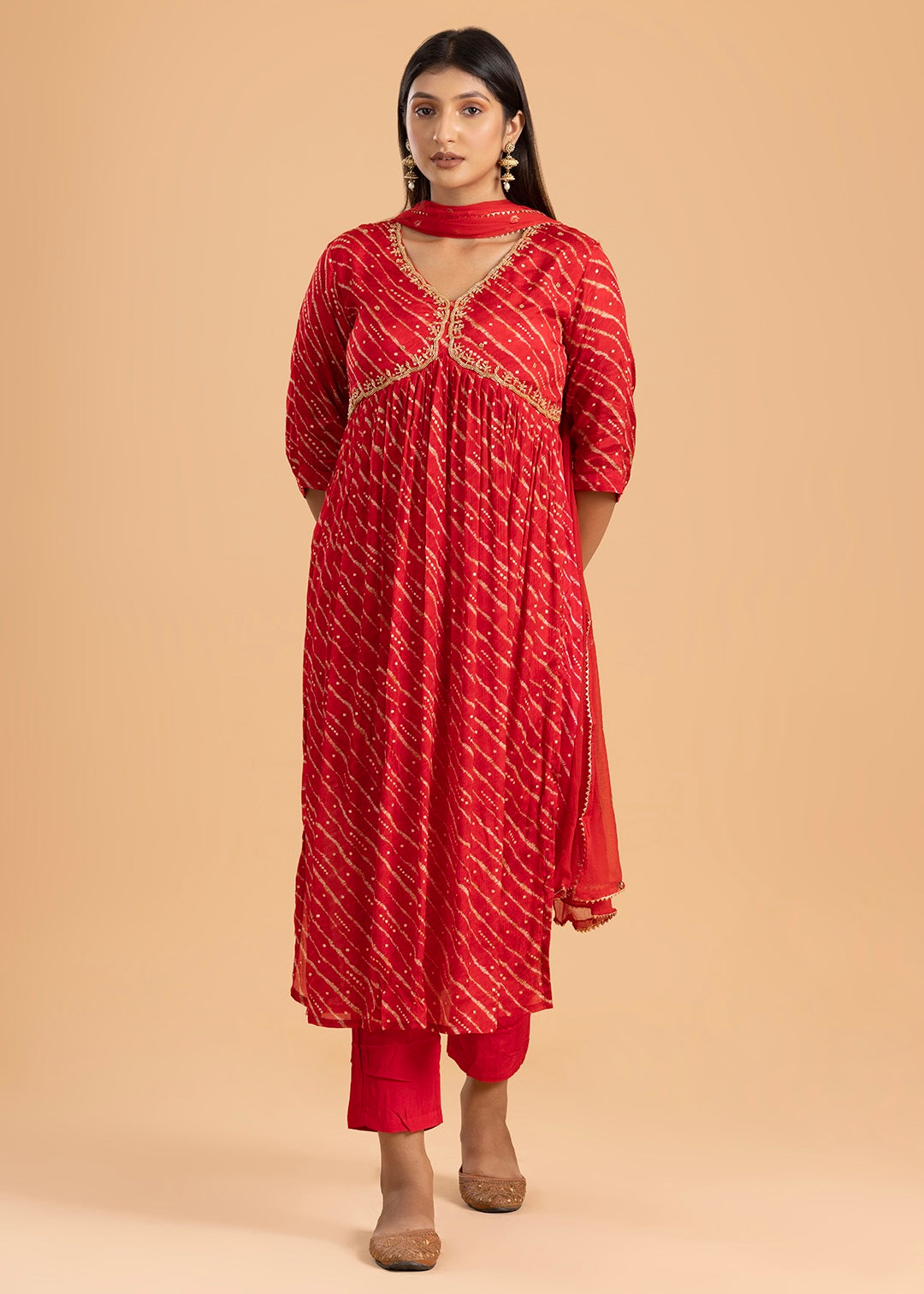 Red Printed Chinon Suit with Pant and Dupatta