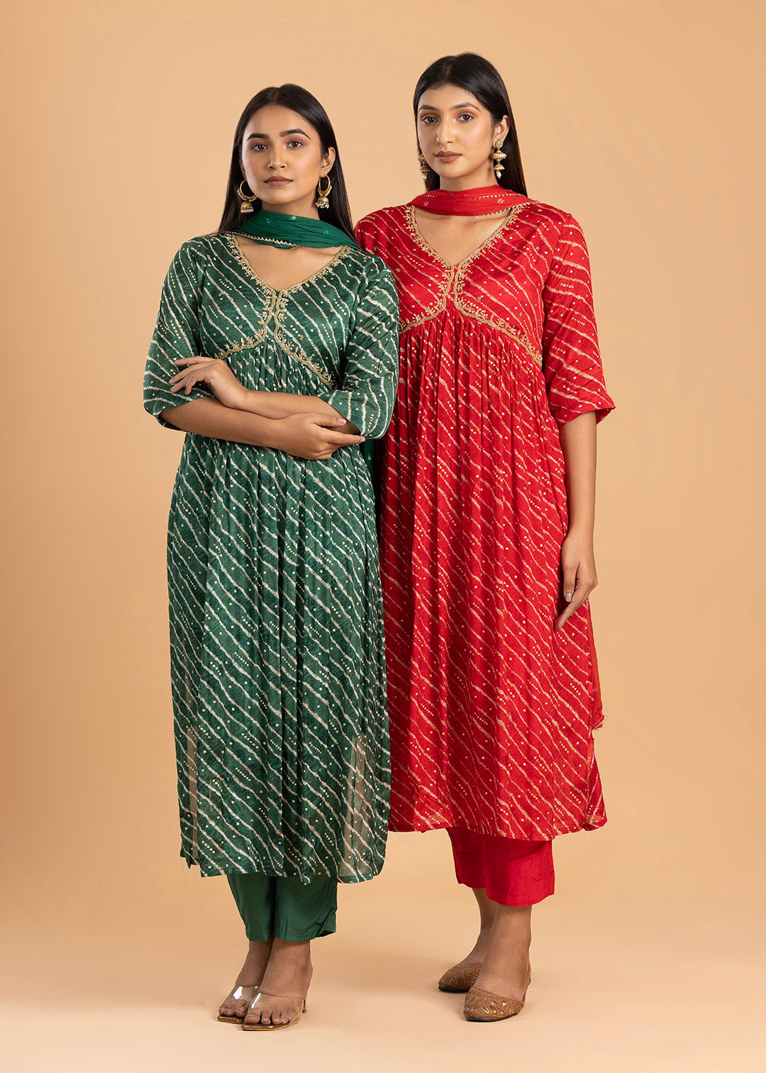 Red Printed Chinon Suit with Pant and Dupatta