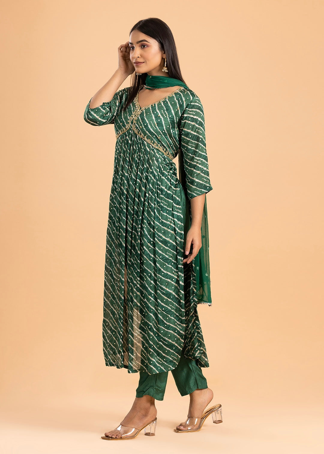 Green Printed Chinon Suit with Pant and Dupatta