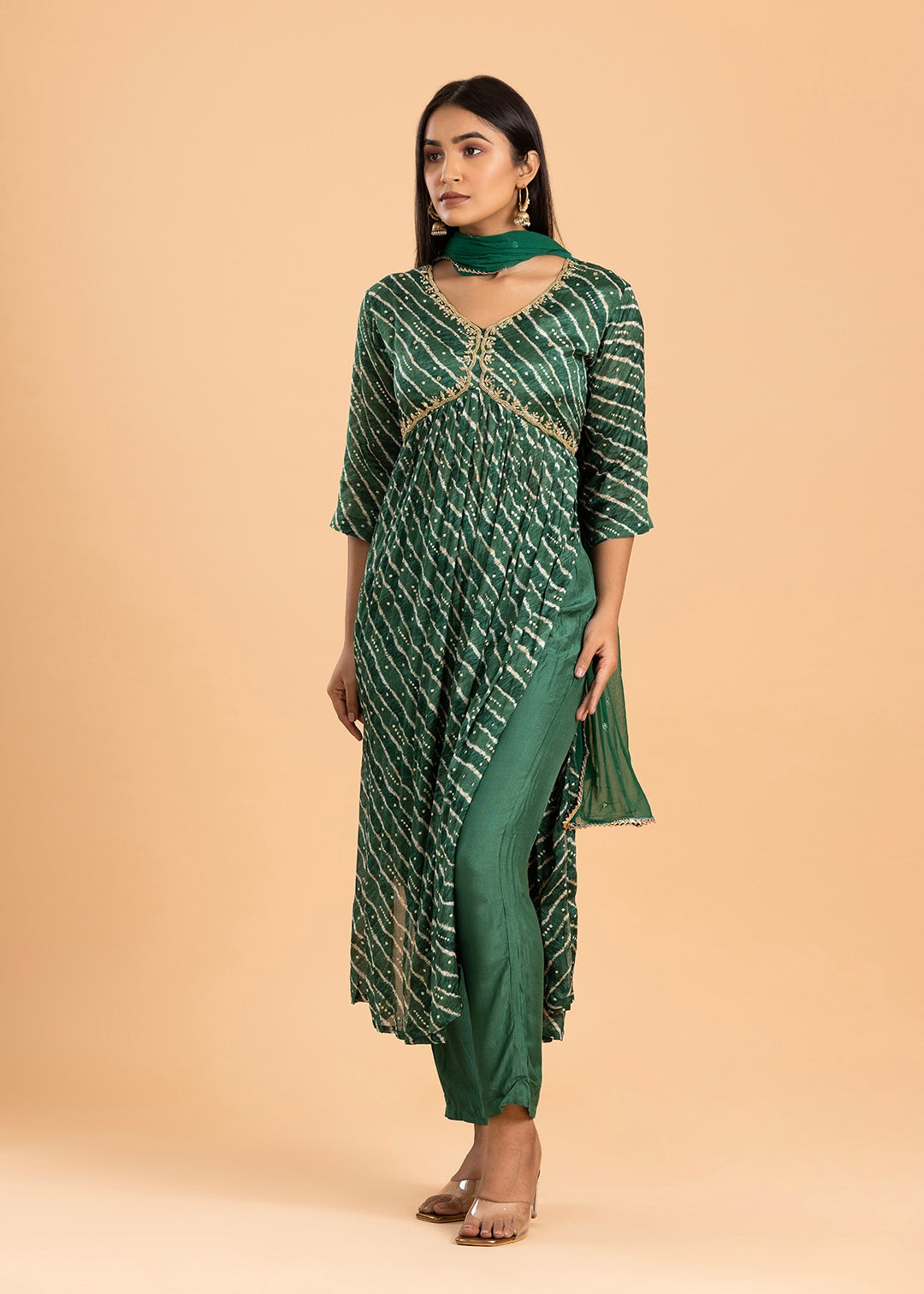 Green Printed Chinon Suit with Pant and Dupatta