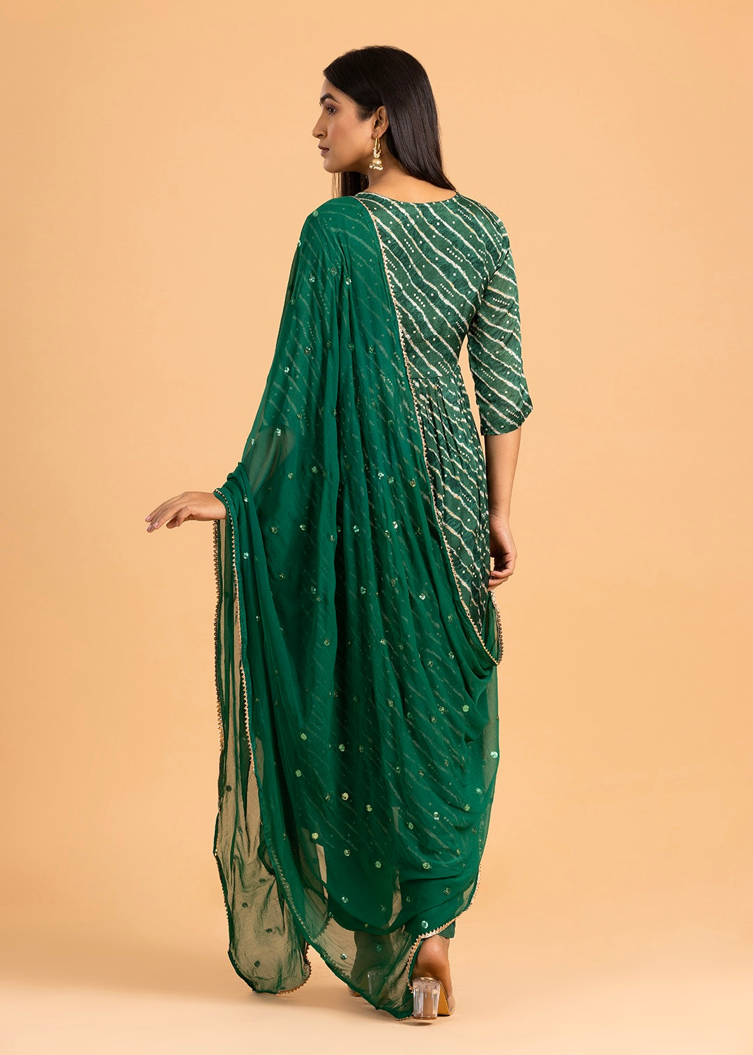 Green Printed Chinon Suit with Pant and Dupatta