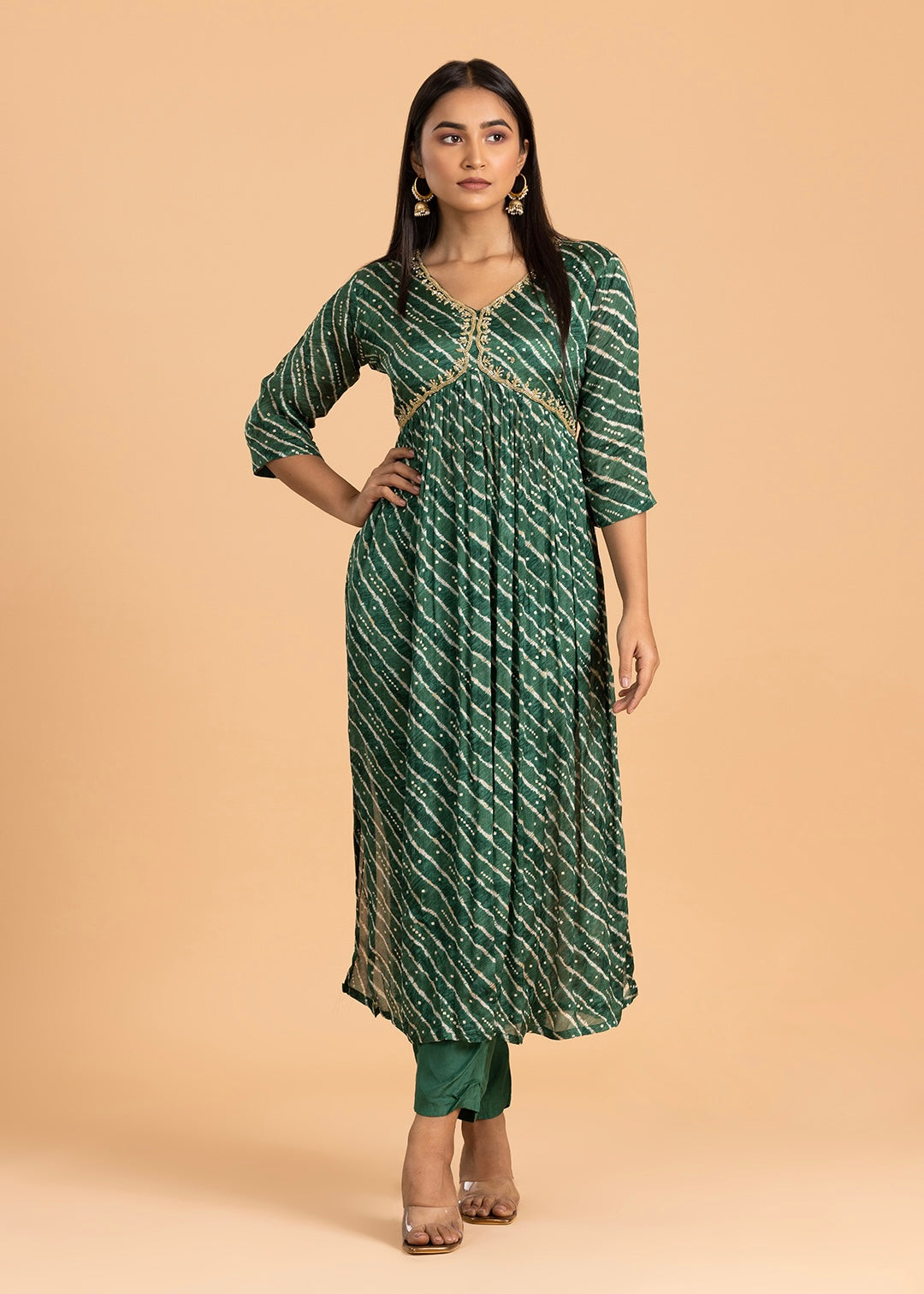 Green Printed Chinon Suit with Pant and Dupatta