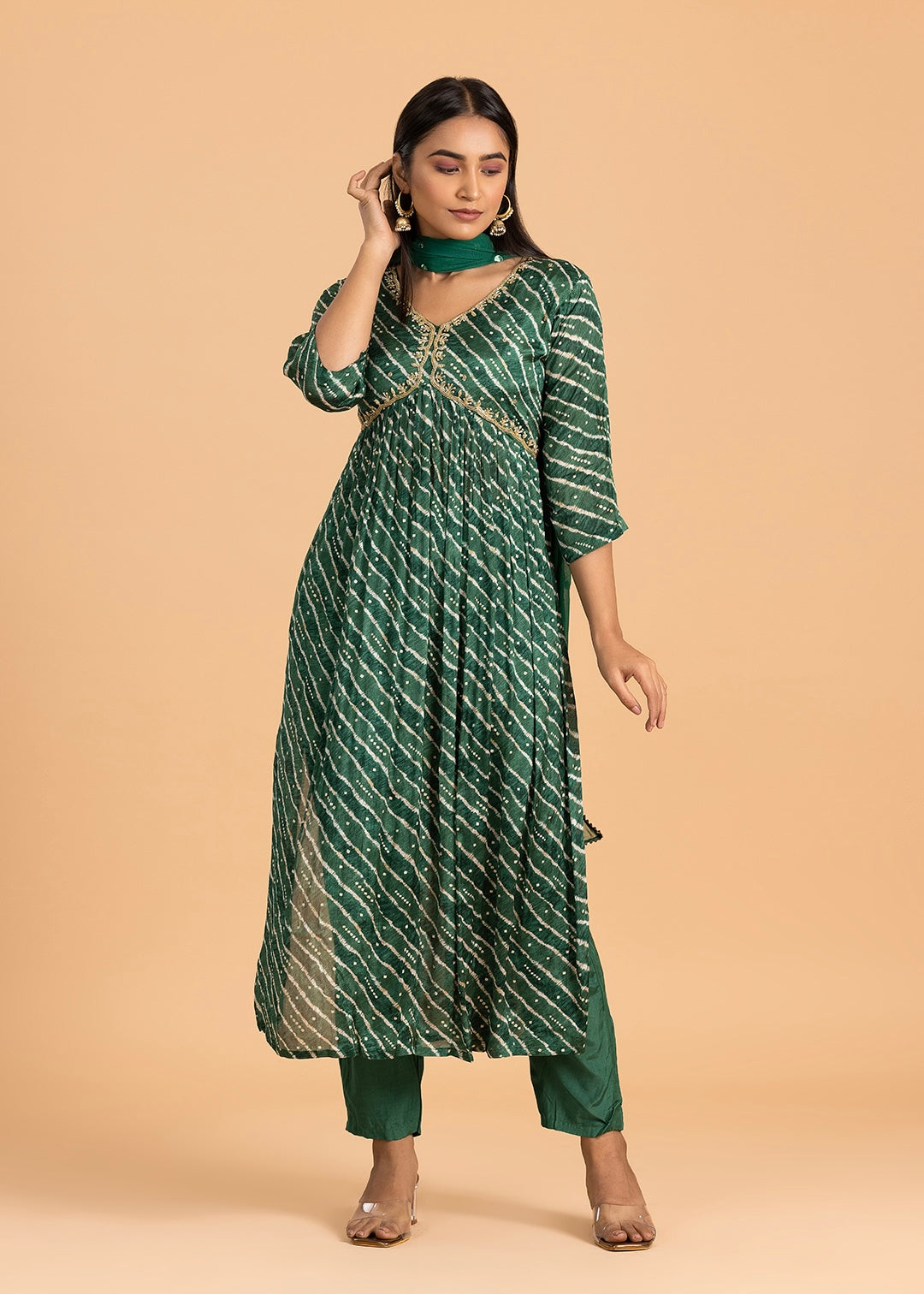 Green Printed Chinon Suit with Pant and Dupatta