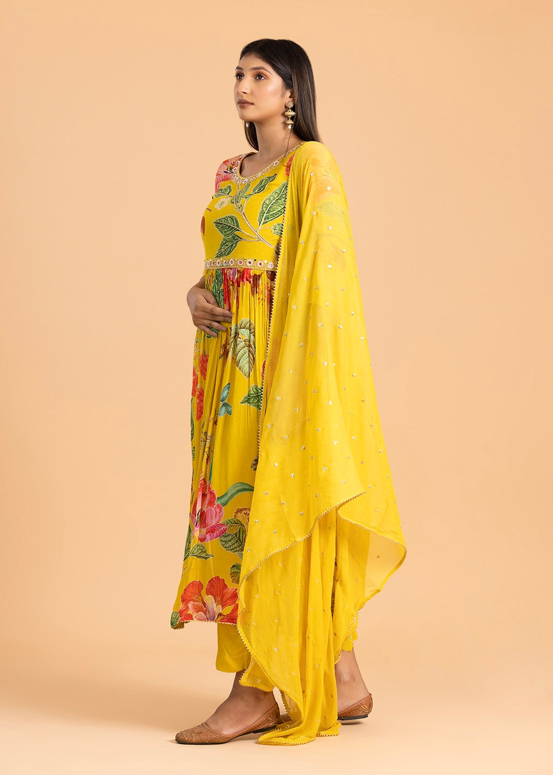 Yellow Floral Print Suit in Chinon Fabric