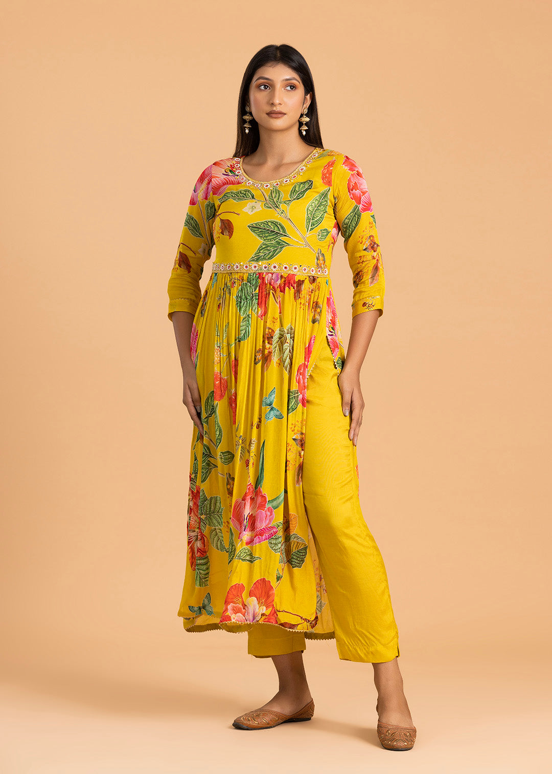 Yellow Floral Print Suit in Chinon Fabric