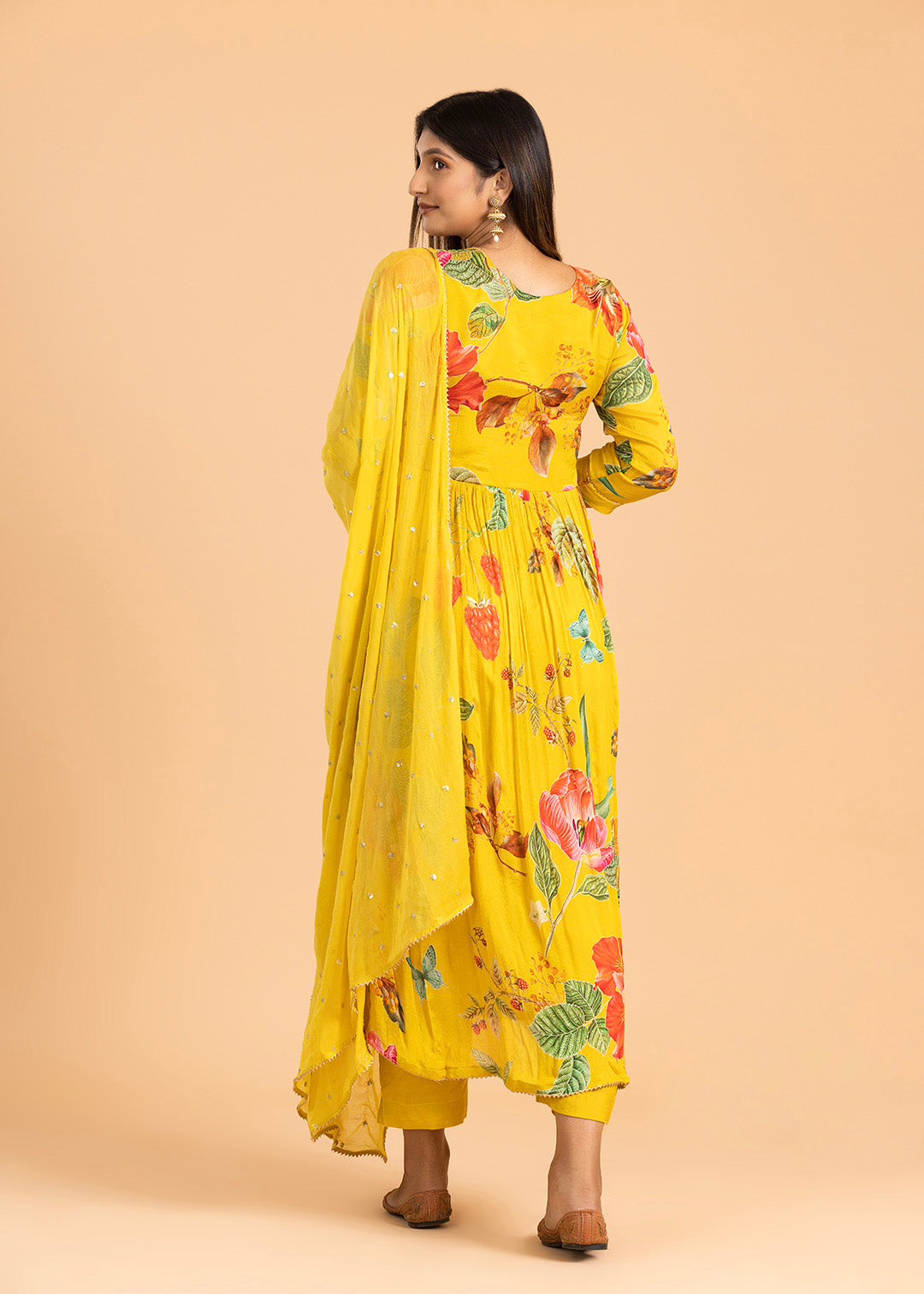 Yellow Floral Print Suit in Chinon Fabric