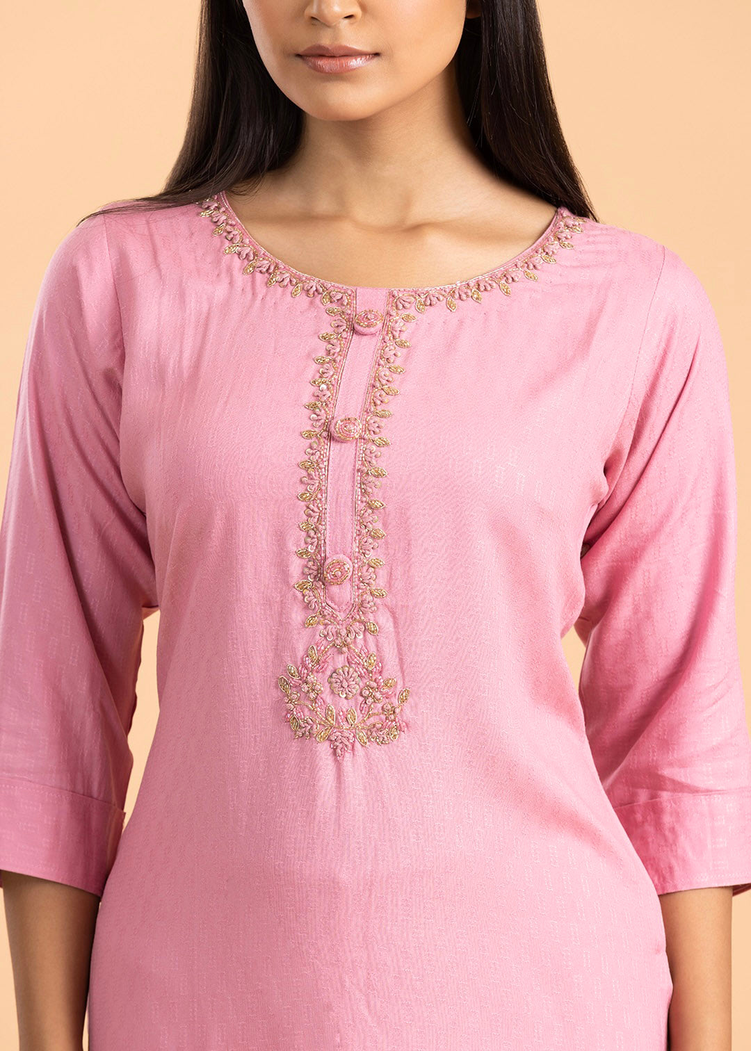 Pink Embroidered Rayon Cotton Kurti