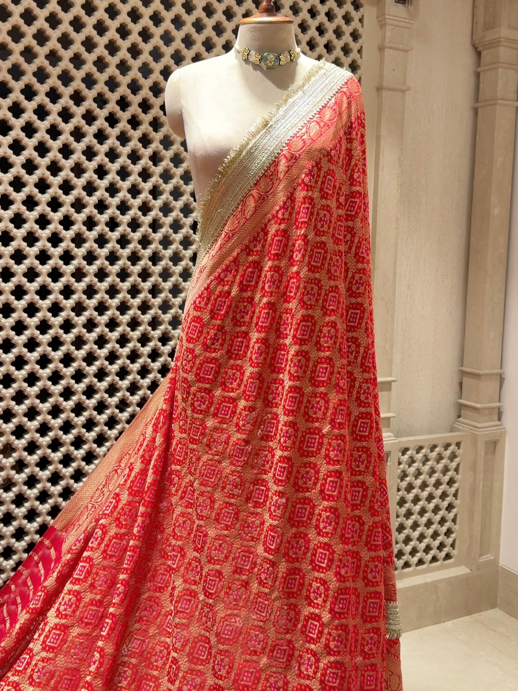 Festive Red Khaddi Georgette Saree with Bandhani Zari Weave & Lace Border