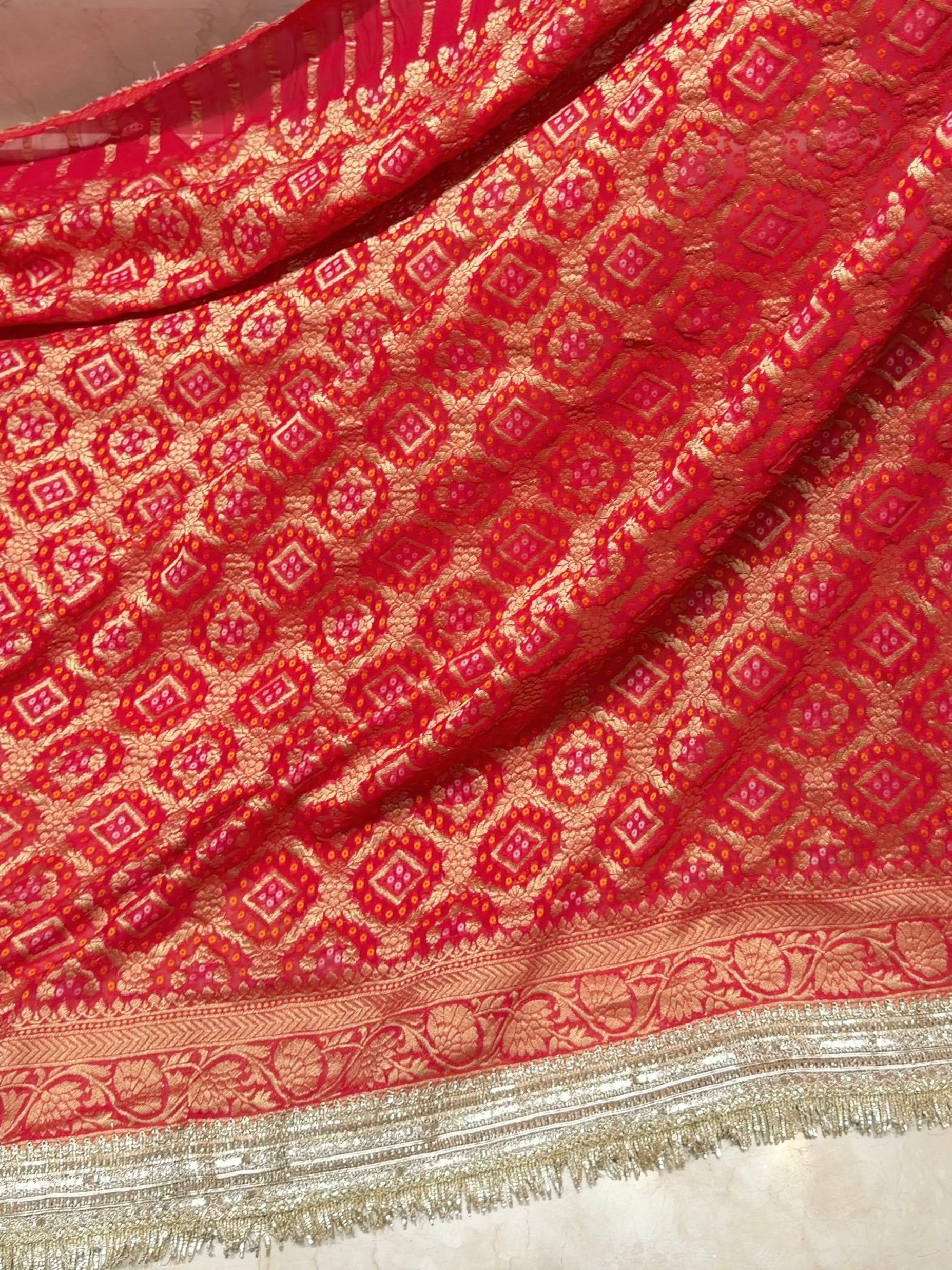 Festive Red Khaddi Georgette Saree with Bandhani Zari Weave & Lace Border