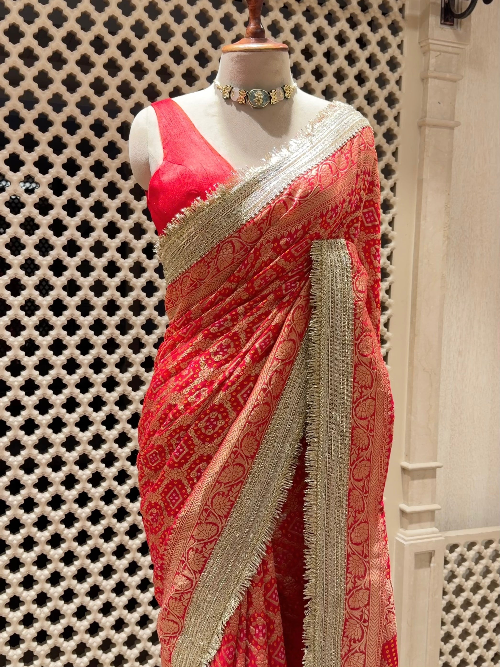 Festive Red Khaddi Georgette Saree with Bandhani Zari Weave & Lace Border