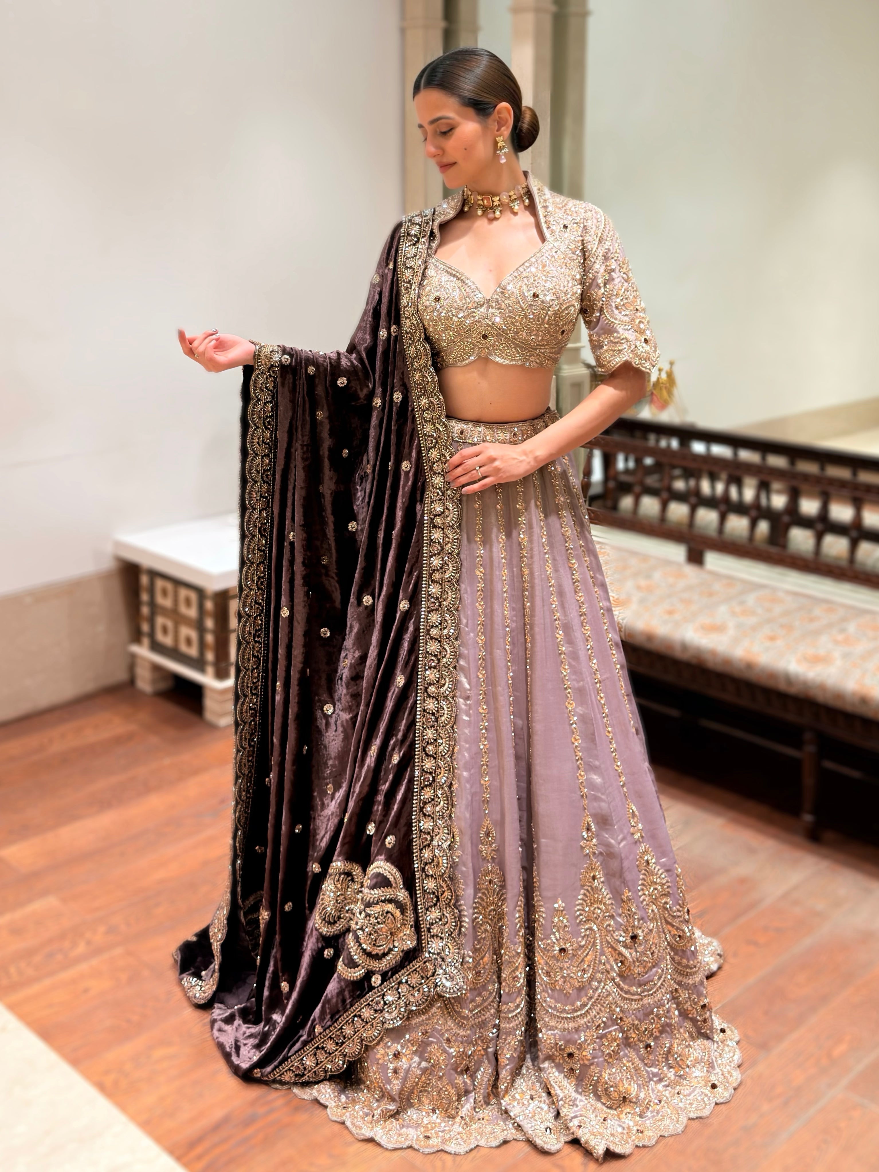 Mauve Purple Tissue Lehenga with Velvet Dupatta | Pre-Order