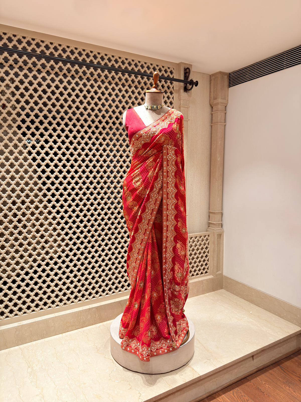 Regal Crimson Red Saree in Khaddi Georgette Fabric with Gota Patti & Cutdana Work