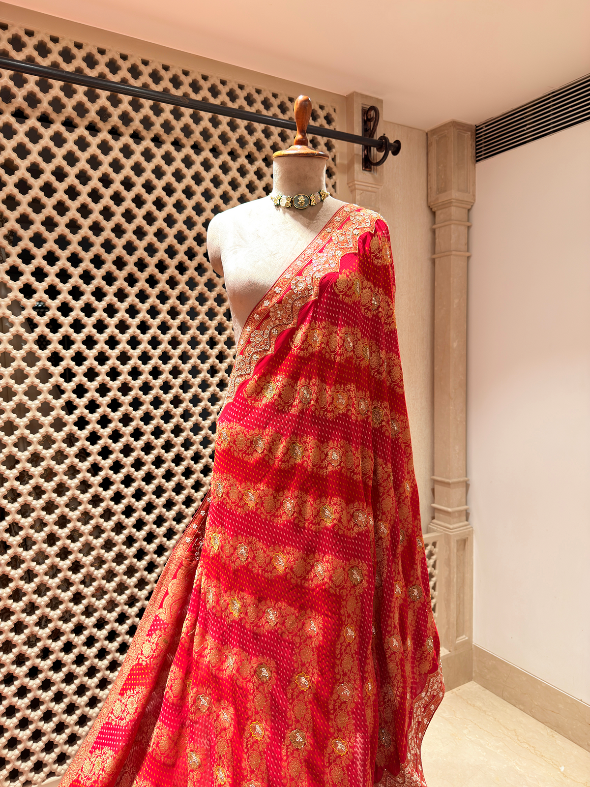 Regal Crimson Red Saree in Khaddi Georgette Fabric with Gota Patti & Cutdana Work
