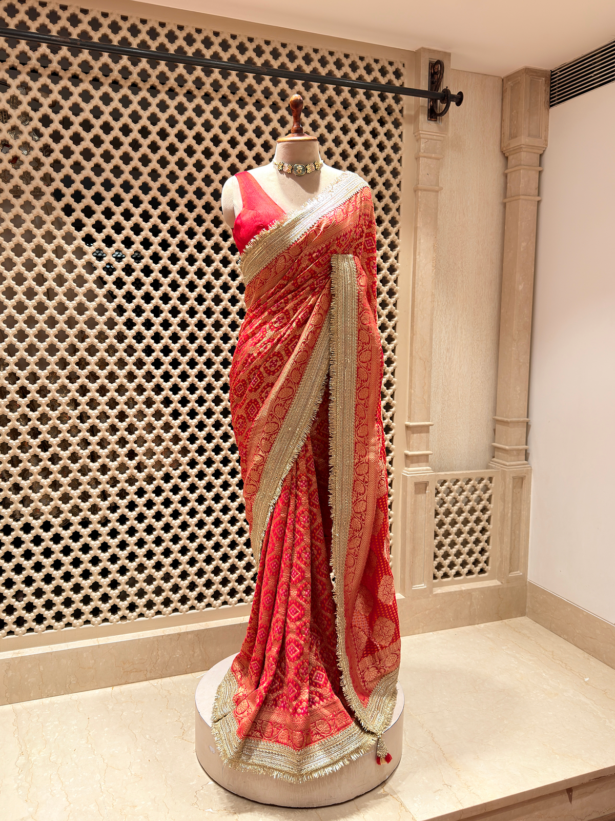 Festive Red Khaddi Georgette Saree with Bandhani Zari Weave & Lace Border - Unstitched Blouse