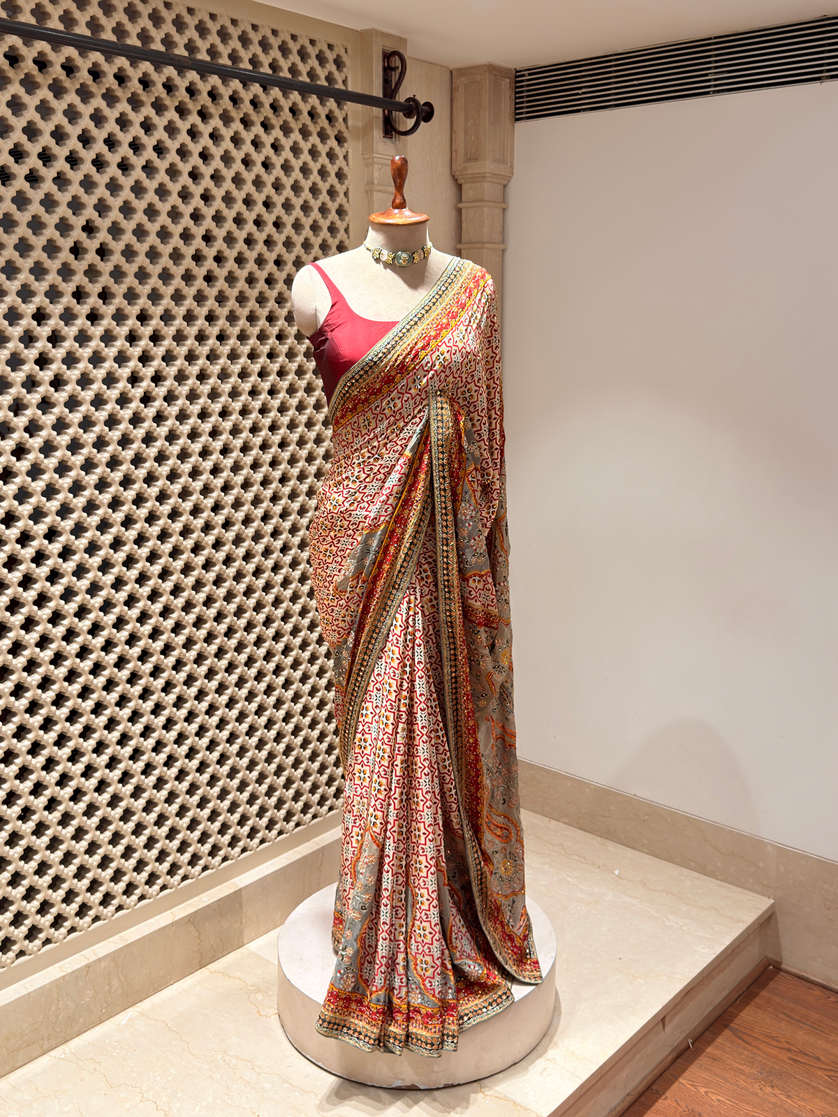 Artwork Ivory Saree with Unstitched Blouse in Bemberg Crepe Fabric with Geometric Star Print & Hand Embroidery
