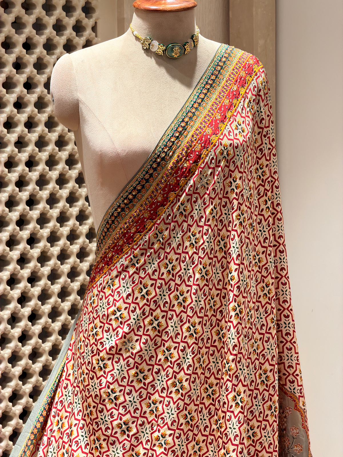 Artwork Ivory Saree with Unstitched Blouse in Bemberg Crepe Fabric with Geometric Star Print & Hand Embroidery