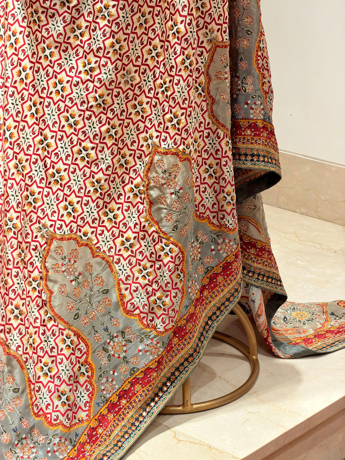 Artwork Ivory Saree with Unstitched Blouse in Bemberg Crepe Fabric with Geometric Star Print & Hand Embroidery