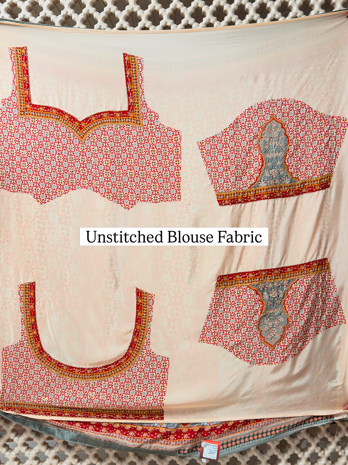Artwork Ivory Saree with Unstitched Blouse in Bemberg Crepe Fabric with Geometric Star Print & Hand Embroidery