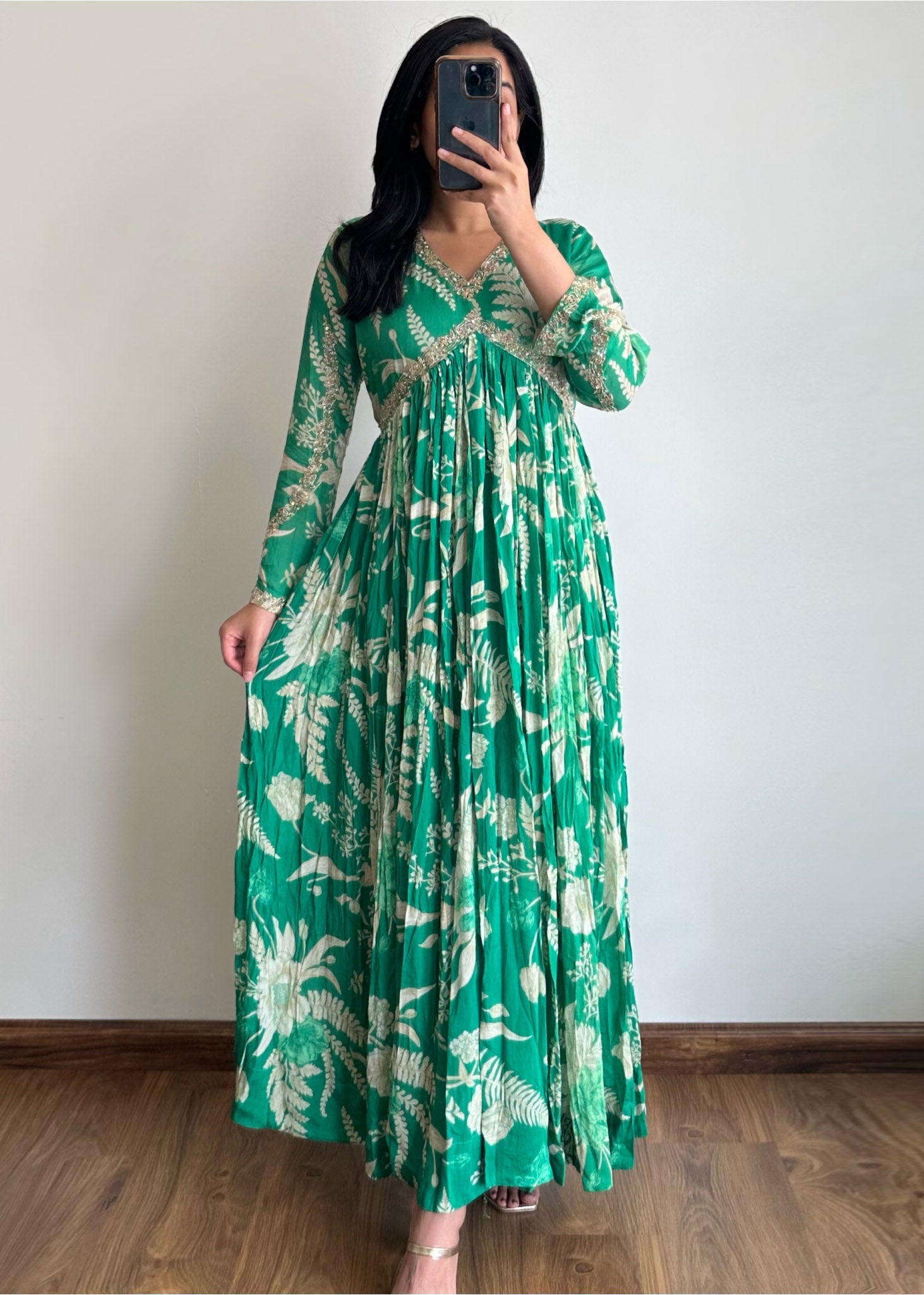 Green Printed Crepe Chinon Long Dress with Dupatta