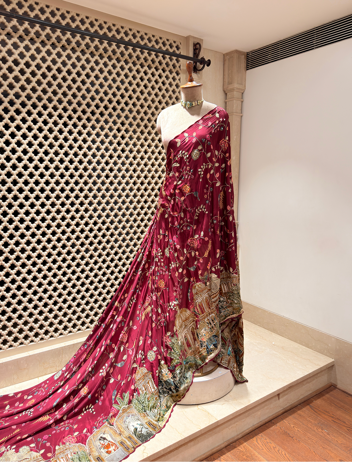 Maroon Bemberg Crepe Saree with Kalamkari Art Print, Mirror Work & Hand Embroidery