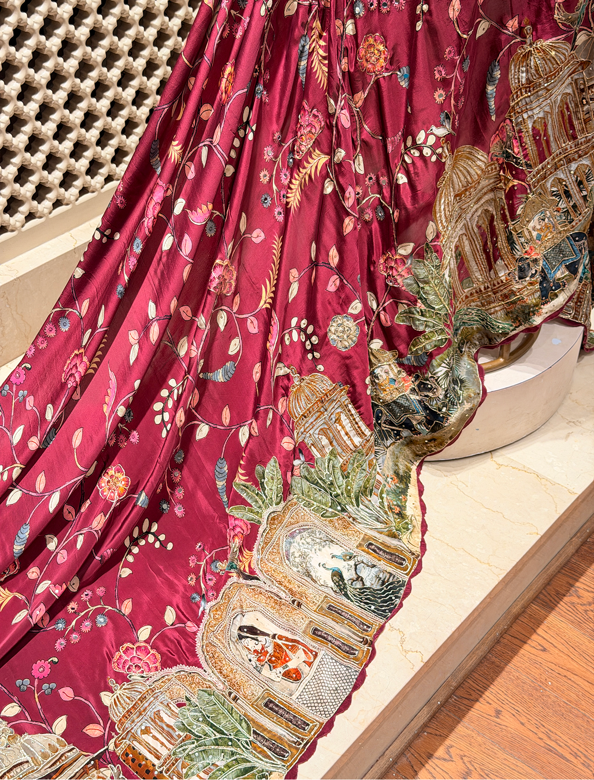 Maroon Bemberg Crepe Saree with Kalamkari Art Print, Mirror Work & Hand Embroidery