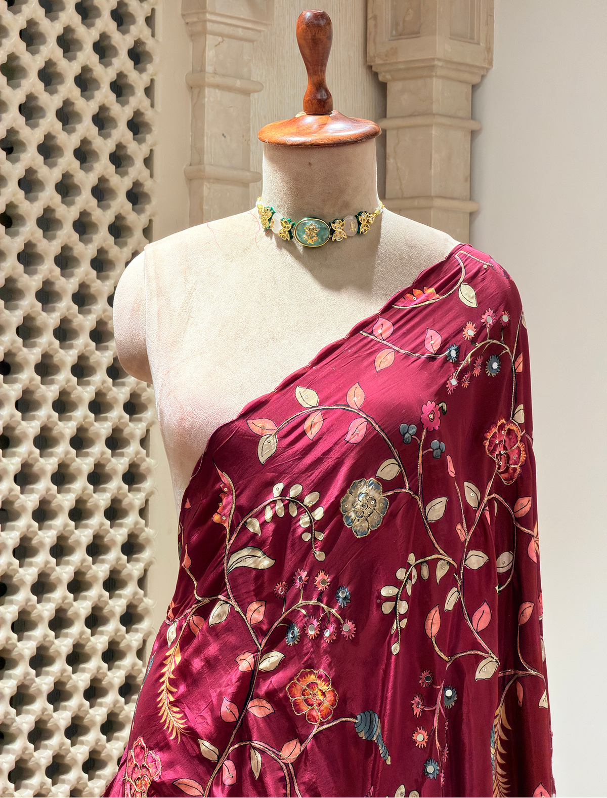 Maroon Bemberg Crepe Saree with Kalamkari Art Print, Mirror Work & Hand Embroidery