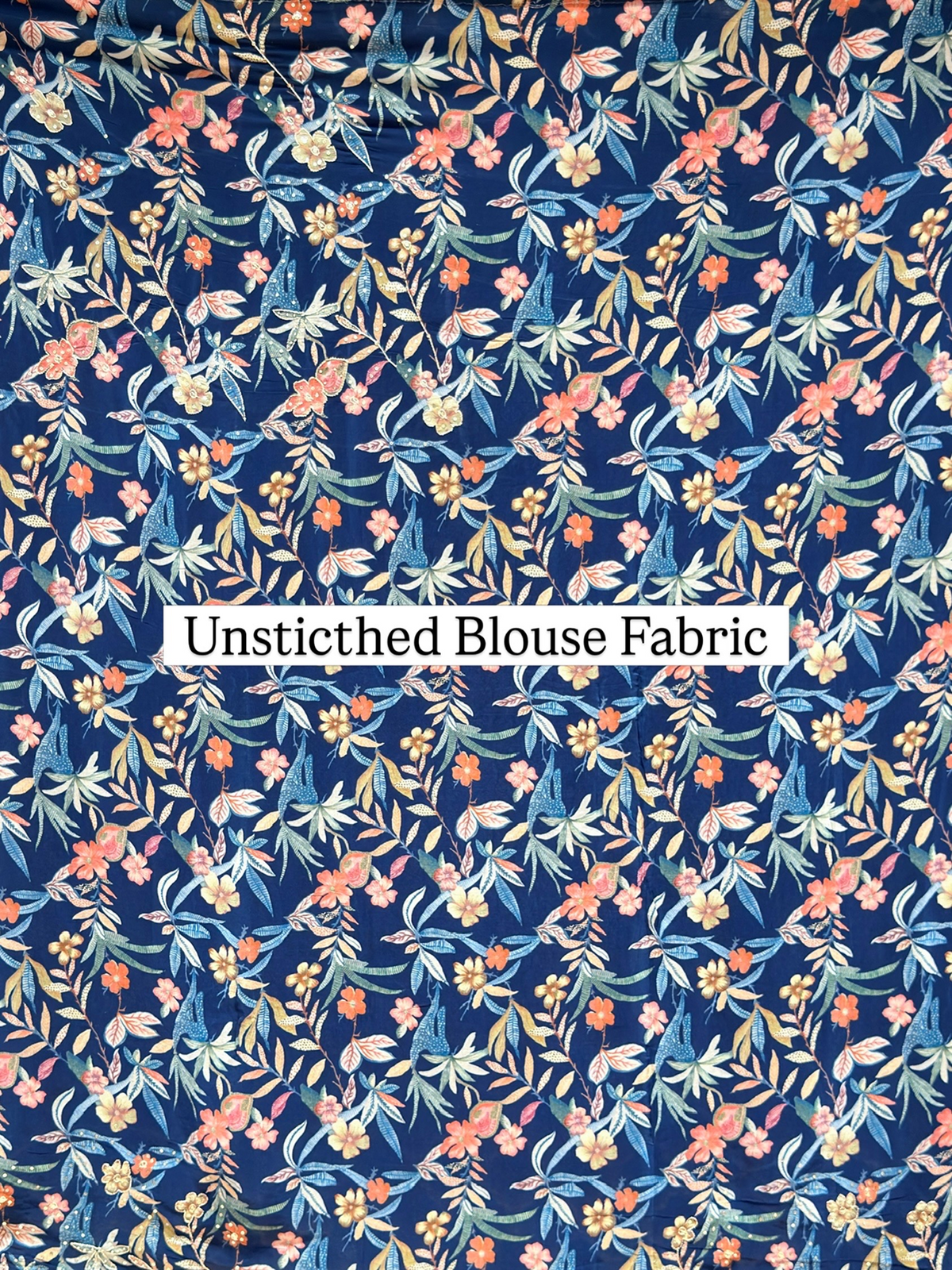 Artwork Navy Blue Saree in Bemberg Crepe Fabric with Tropical Floral Print & Hand Embroidery