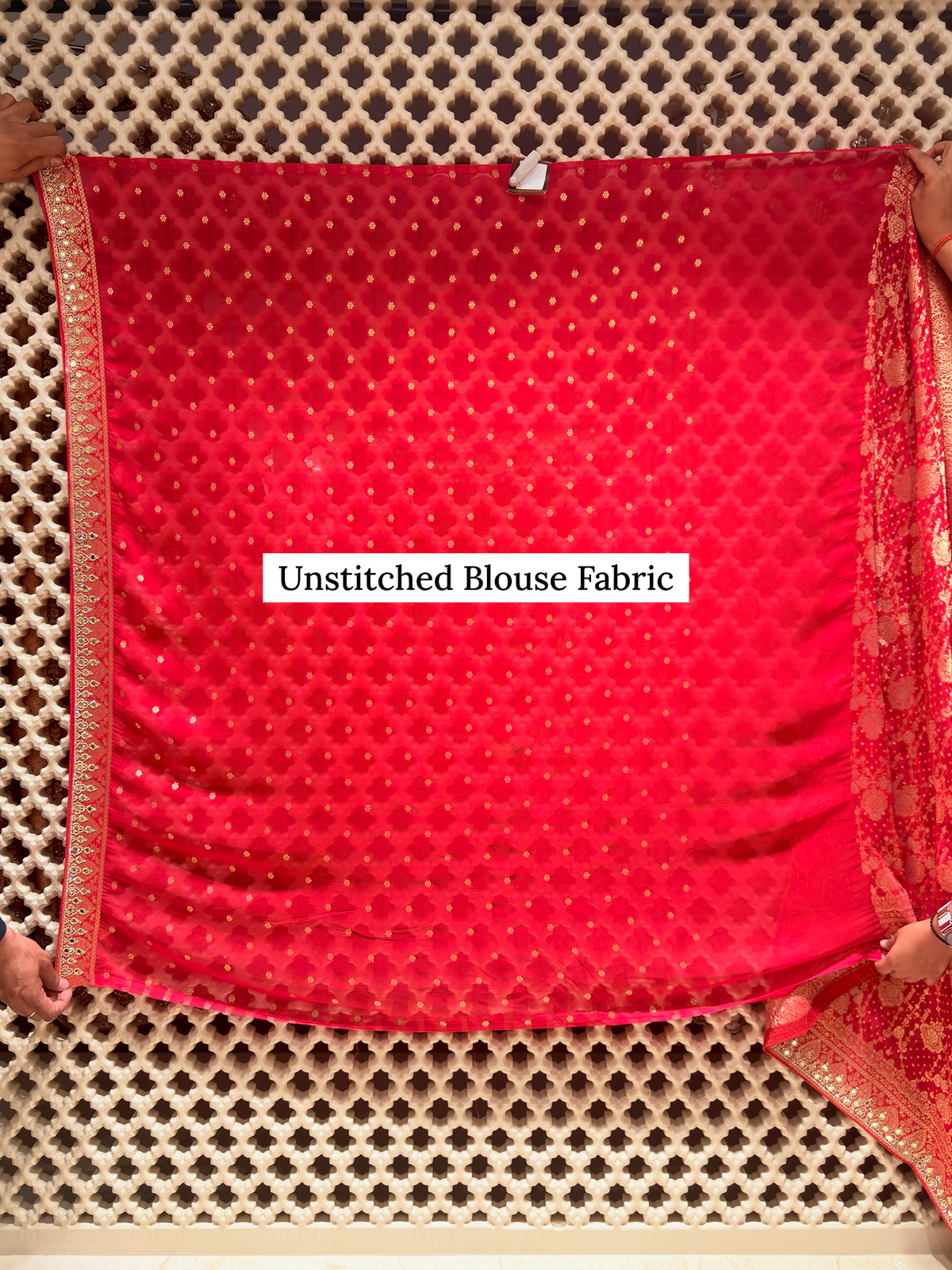Radiant Red Khaddi Georgette Saree adorned with Mirror Work & Bandhani Weave - Unstitched Blouse