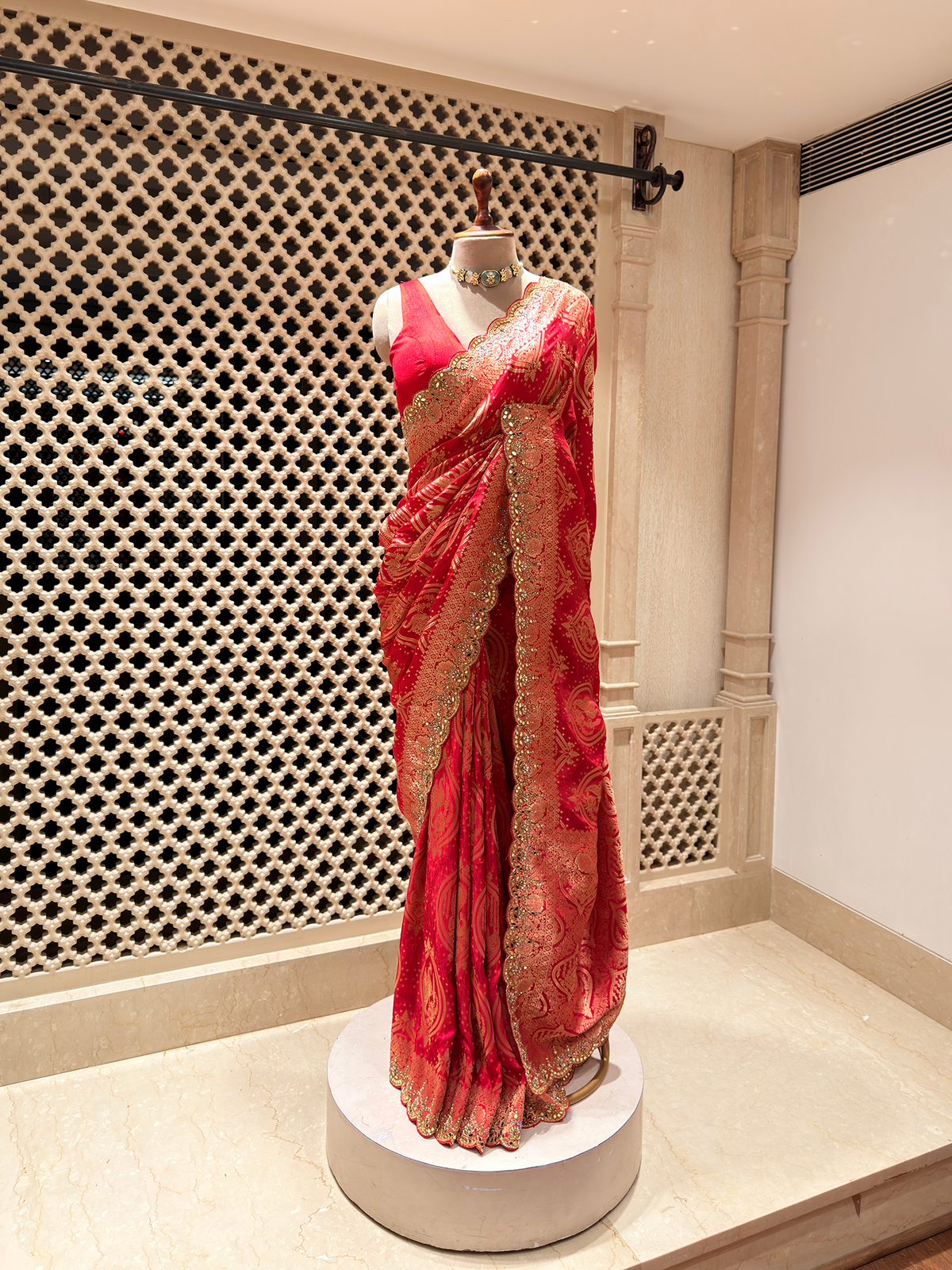 Regal Red Dola Silk Saree with Peacock Zari Weave & Khatli Mirror Work